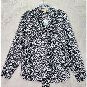 Michael Kors‎ Women Large Black Graphic Leopard Print Georgette Tie-Neck Blouse